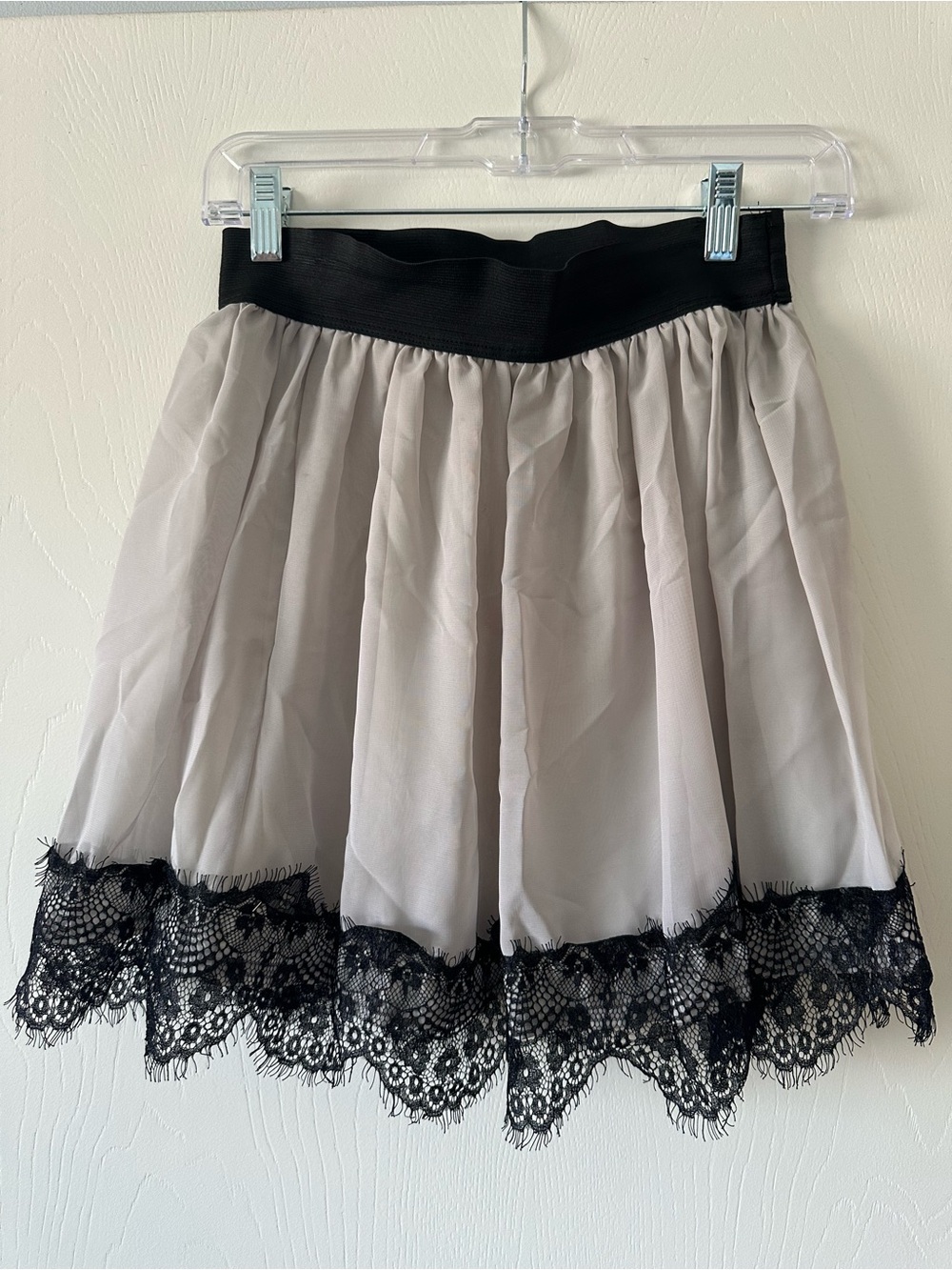 Black Waistband Cream Skirt with Black Lace Hem
